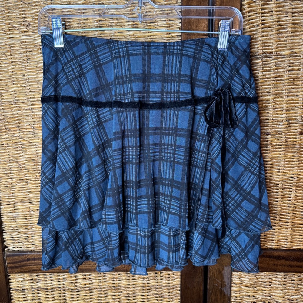 Social Collision Blue Black Plaid Tiered Ruffle Mini Skirt Velvet Trim Large